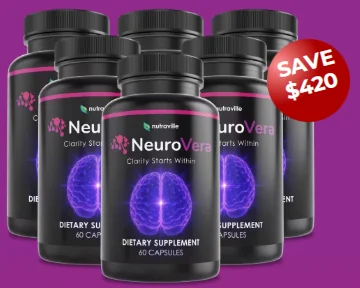NeuroVera memory and focus supplement, six-bottle package by Nutraville, 60 capsules per bottle